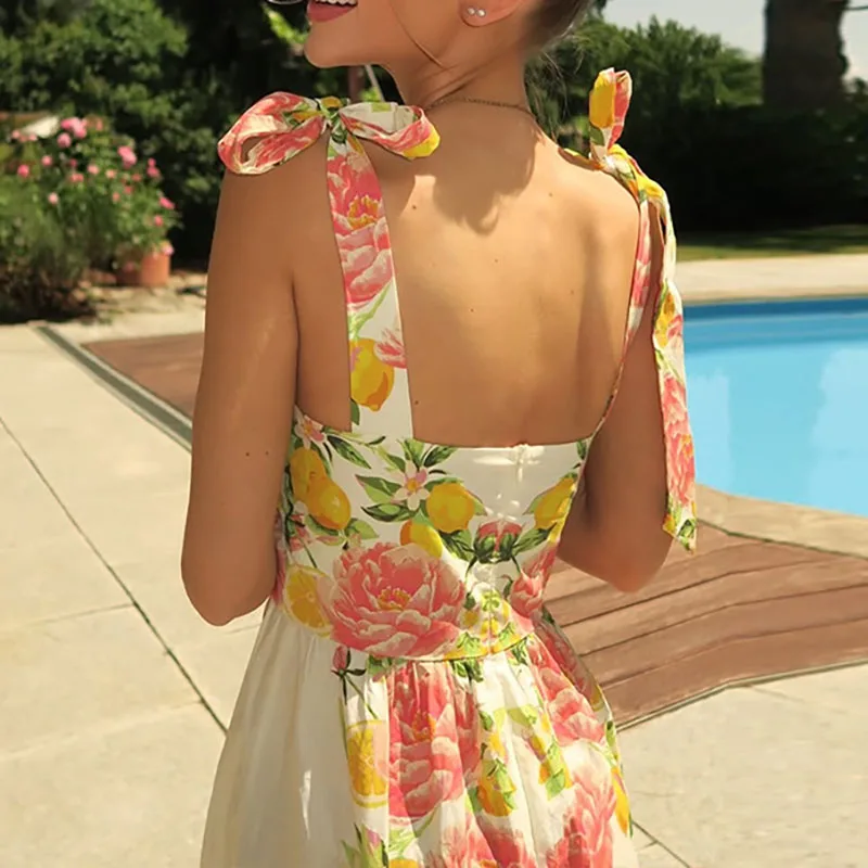 Resort impressão arco rendas suspensórios vestido feminino sexy fora do ombro sem mangas bohe vestido moda altura cintura balanço vestidos de festa