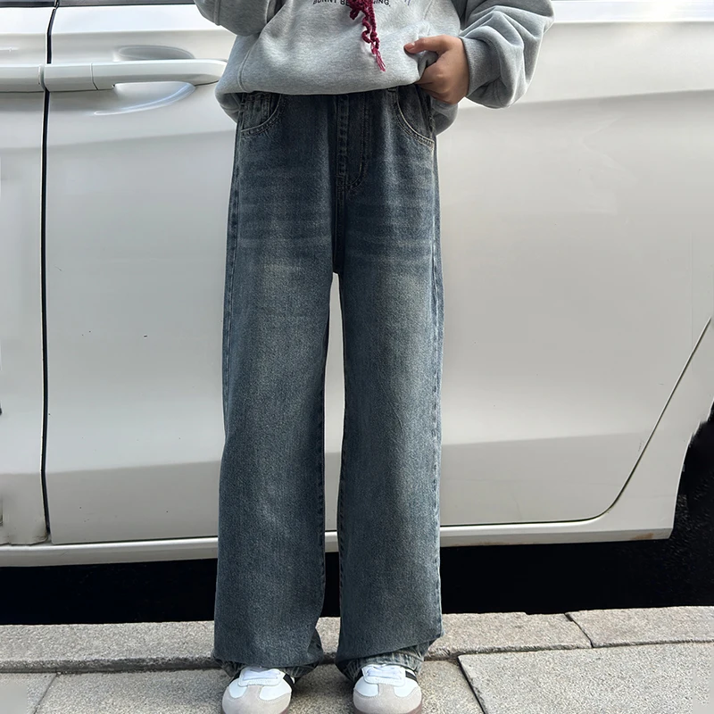 Women's And Children's Denim Pants with Fleece Lining Loose Straight Fit Casual Long Pants for Kids Winter New Style