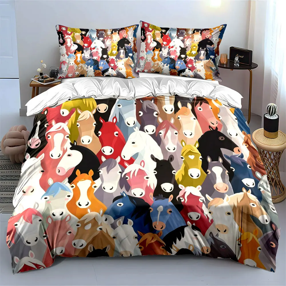 Colorful horse illustration Printed Duvet Cover Set 1 Duvet Cover+2 Pillowcase Multi Size Bedroom Bedding Decor Luxury Gift
