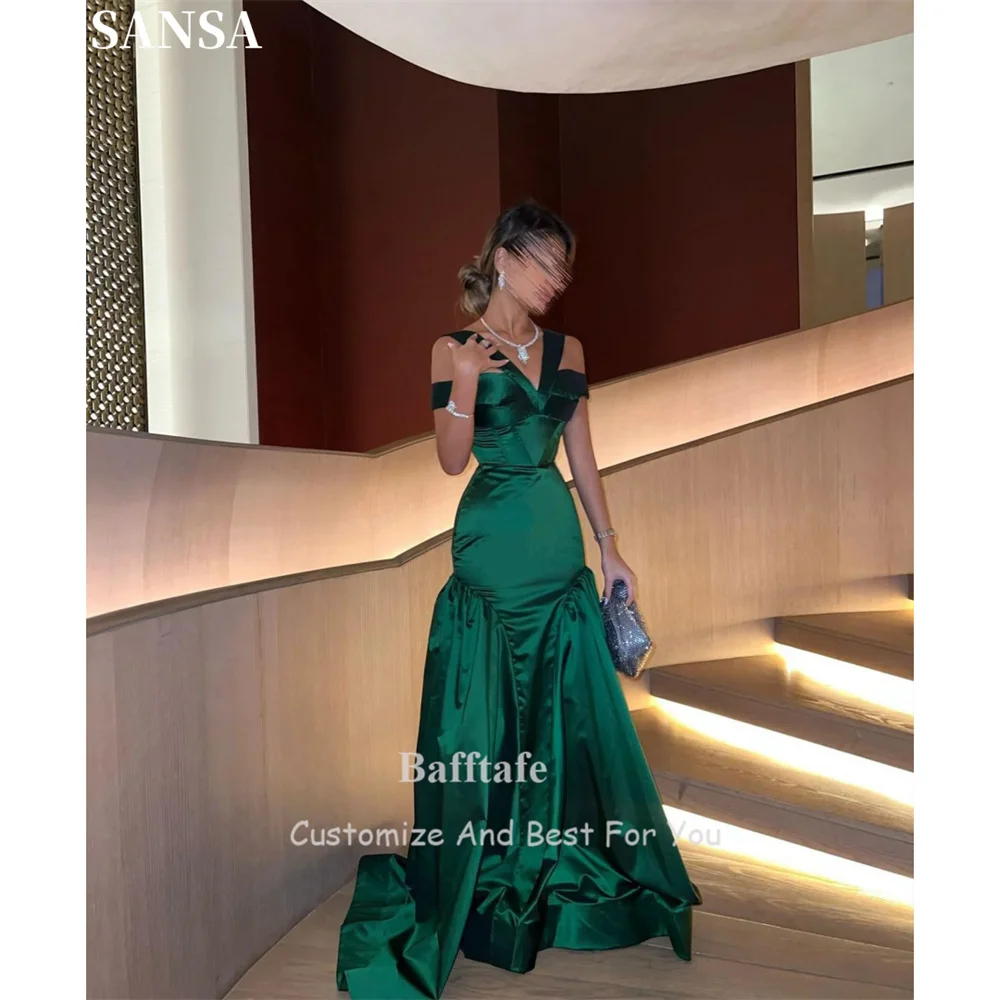 Sansa Formal Dark Green Satin Evening Dress Floor-Length V Neck A-line Wedding Dresses Multilayer Pleats vestidos de fiesta 2024