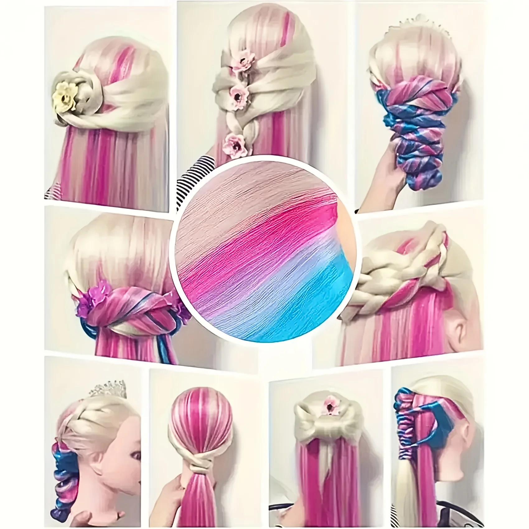 Testa di manichino con capelli colorati da 26 pollici, capelli sintetici ad alta temperatura, per esercitazioni di intrecciare i capelli e esposizione di modellismo