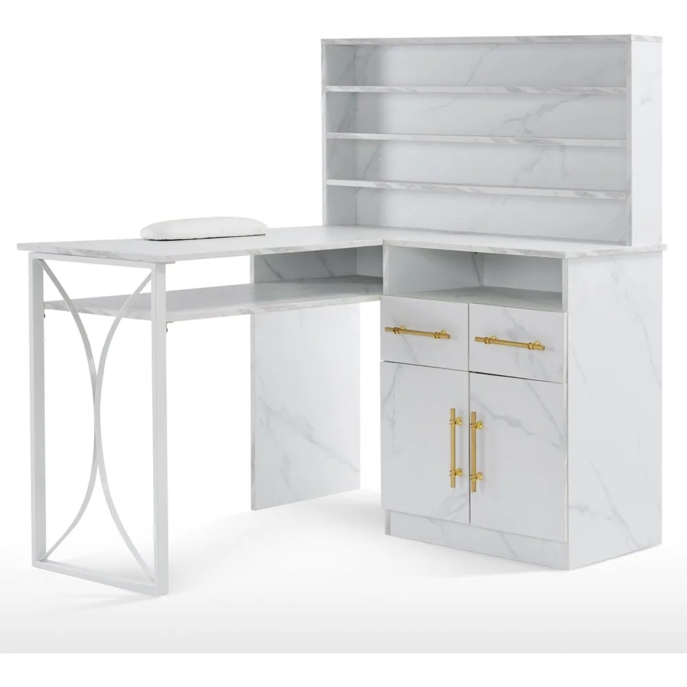 Bureau à ongles en forme de L pour le rangement, table de manucure polyvalente avec tiroirs de proximité, bureau à ongles avec armoires, poste de travail professionnel pour manucure