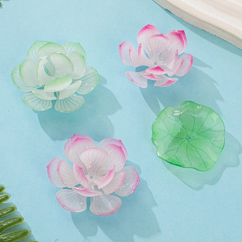 

Min order 20pcs/lot 34mm 40mm color print cartoon Lotus shape acrylic handmade floral beads diy jewelry garment hair accessory