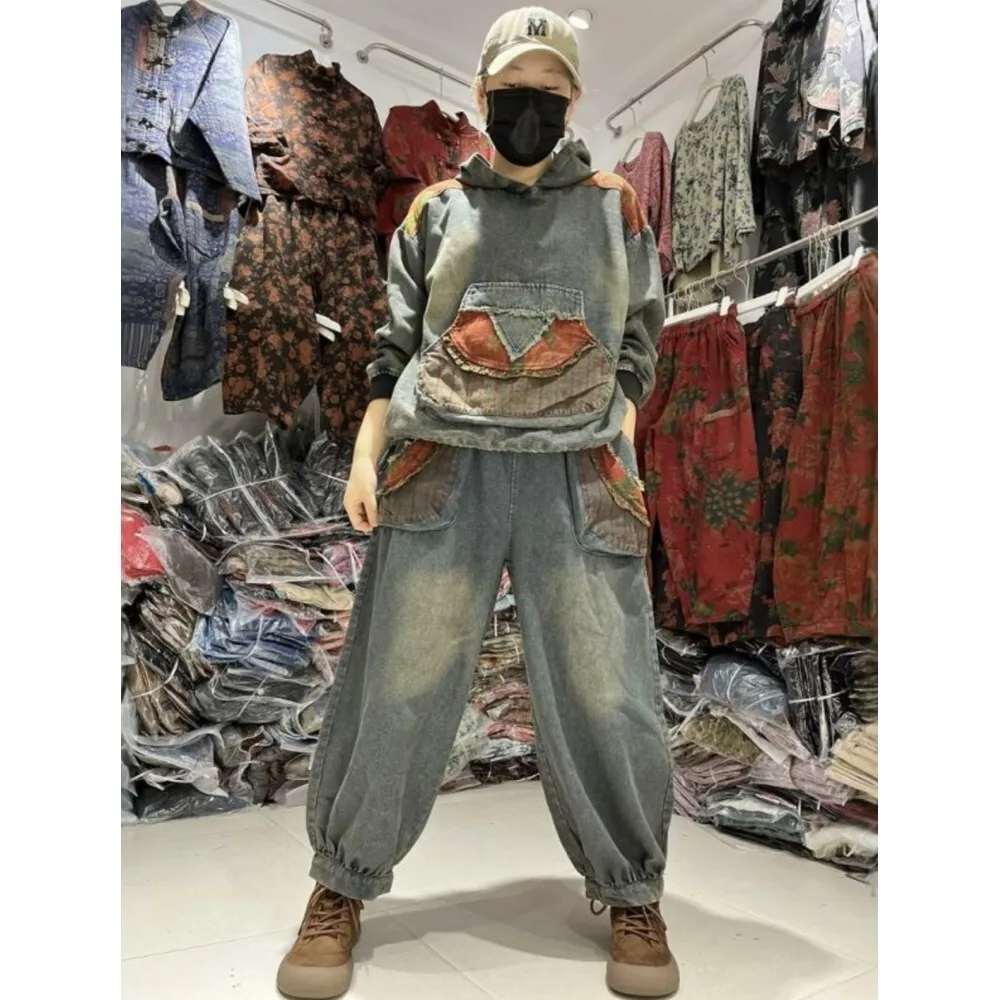 2024 Autumn Washed Denim Patchwork Pant Set Cotton Linen Hooded Top + Elastic Waist Pants Two Piece Set Women Outfit LX2415