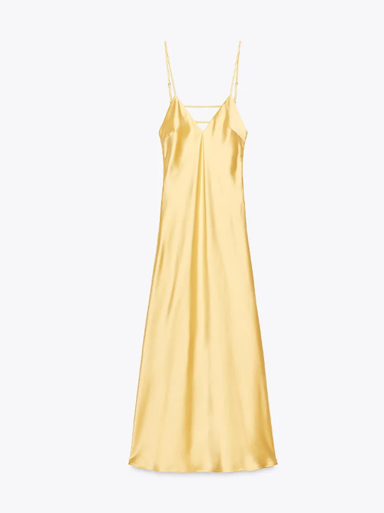 مثير الساتان الأصفر الخامس الرقبة المرأة فستان بكتافة شيك بلا أكمام عارية الذراعين سليم هيم فساتين متوسطة الطول الصيف الإناث عطلة رداء 2025