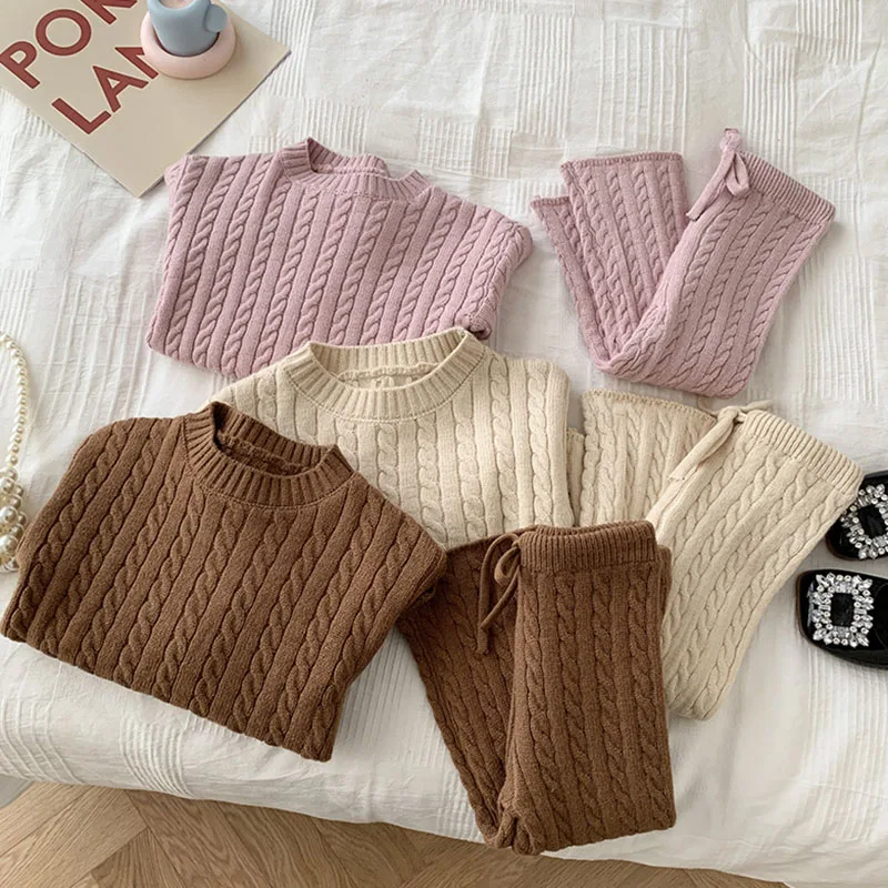 2024 Autumn Spring Kids Knitted Clothing Set Long Sleeved Solid Color Pullover Sweater+Pants Korean Style Baby Girl Clothes Suit