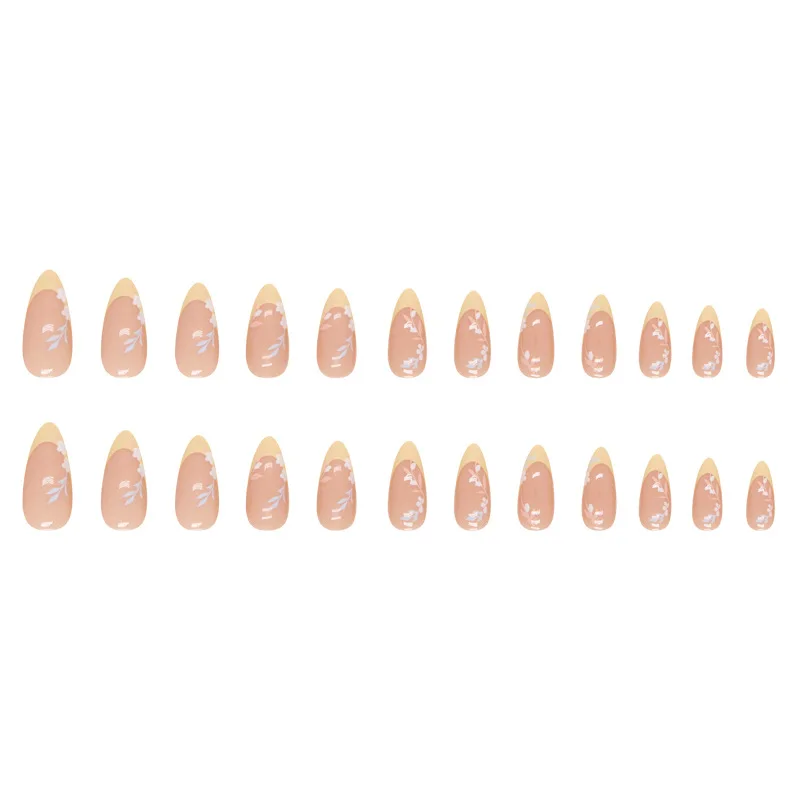 24pcs Simple Leaf Yellow French Tip Press on Nails Almonds Cheap Reusable False Nails Girls Adhesive Fake Nails with Glue Cheap