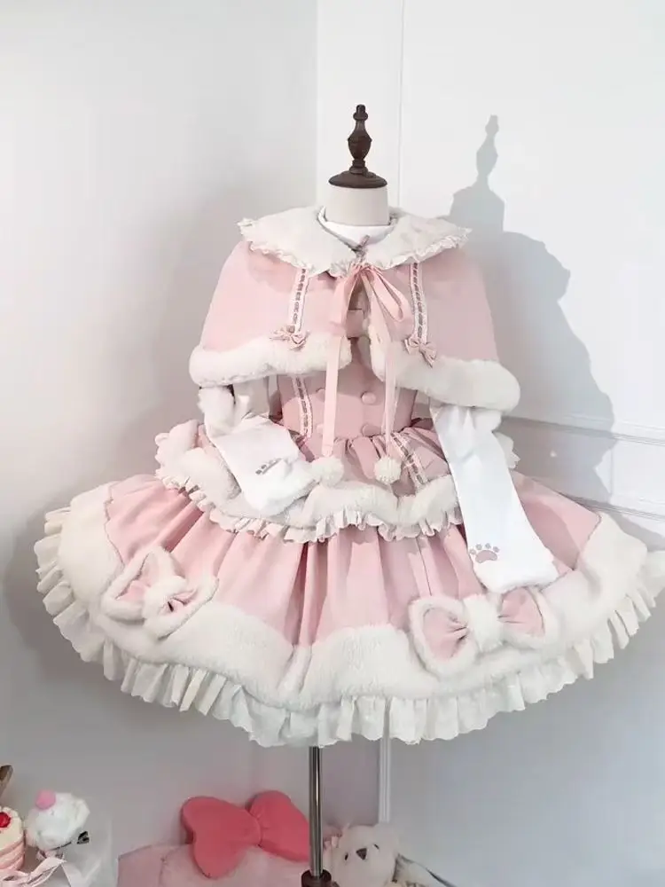 Fashion Women’s Design Pink Lolita Set Bowknot Hoodie Ruffle Skirt Lovable Sweetheart Dress Elegant Kawaii Sweet Winter Outfit