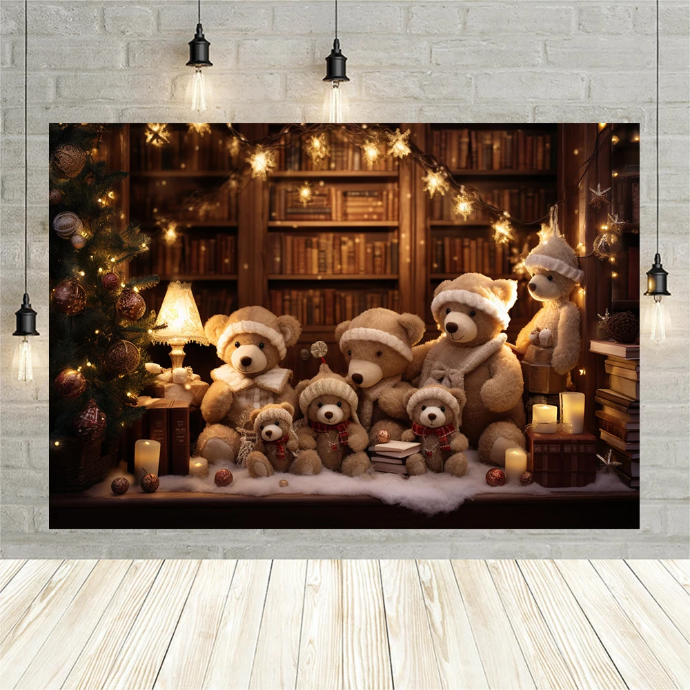 Christmas Window Bear Photography Backdrops Kids Adult Photocall Props Fireplace Background For Family Photo Studio