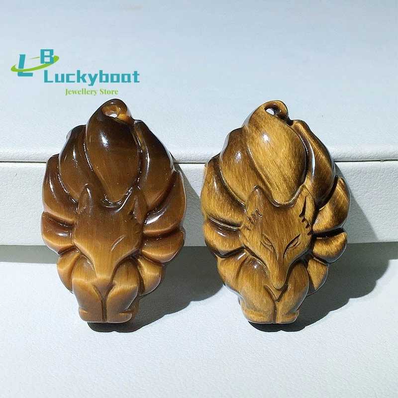 Tiger Eye Nine Tailed Fox Pendant Jewelry Amulet Gifts Gemstone Carved Charm Natural Necklace Fashion Chinese Jade Jadeite