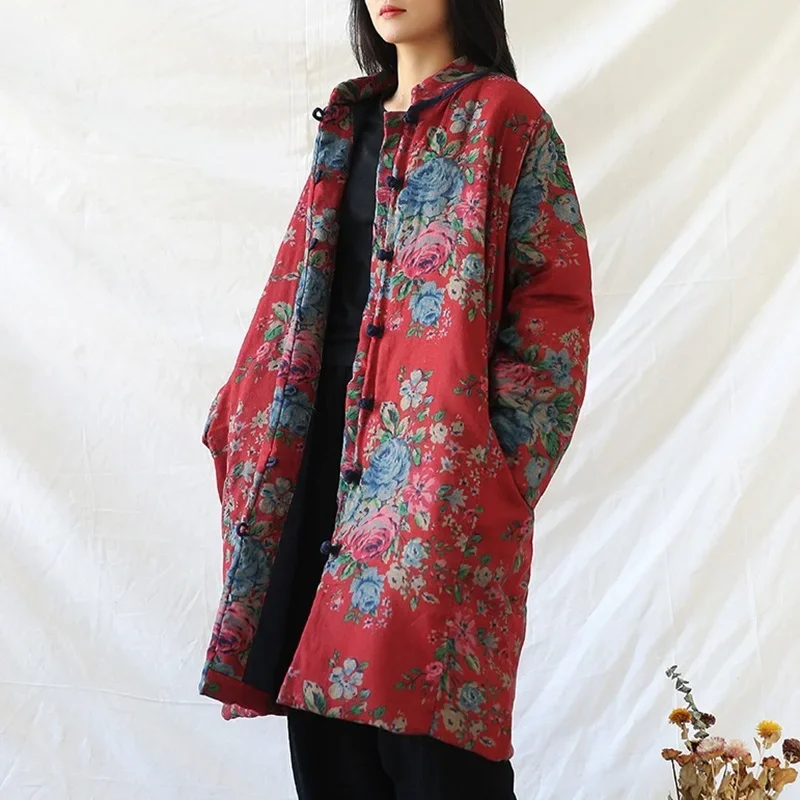 Chinese style clothing women warm cotton print flower parkas coat robes 2024 Winter New loose retro women vintage parkas 13013