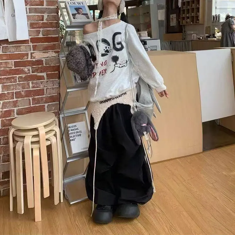 American Retro Printed Letter Hoodies Autumn Skew Collar Women's Clothing Fashion Off Shoulder Casual Asymmetrical Sweatshirts