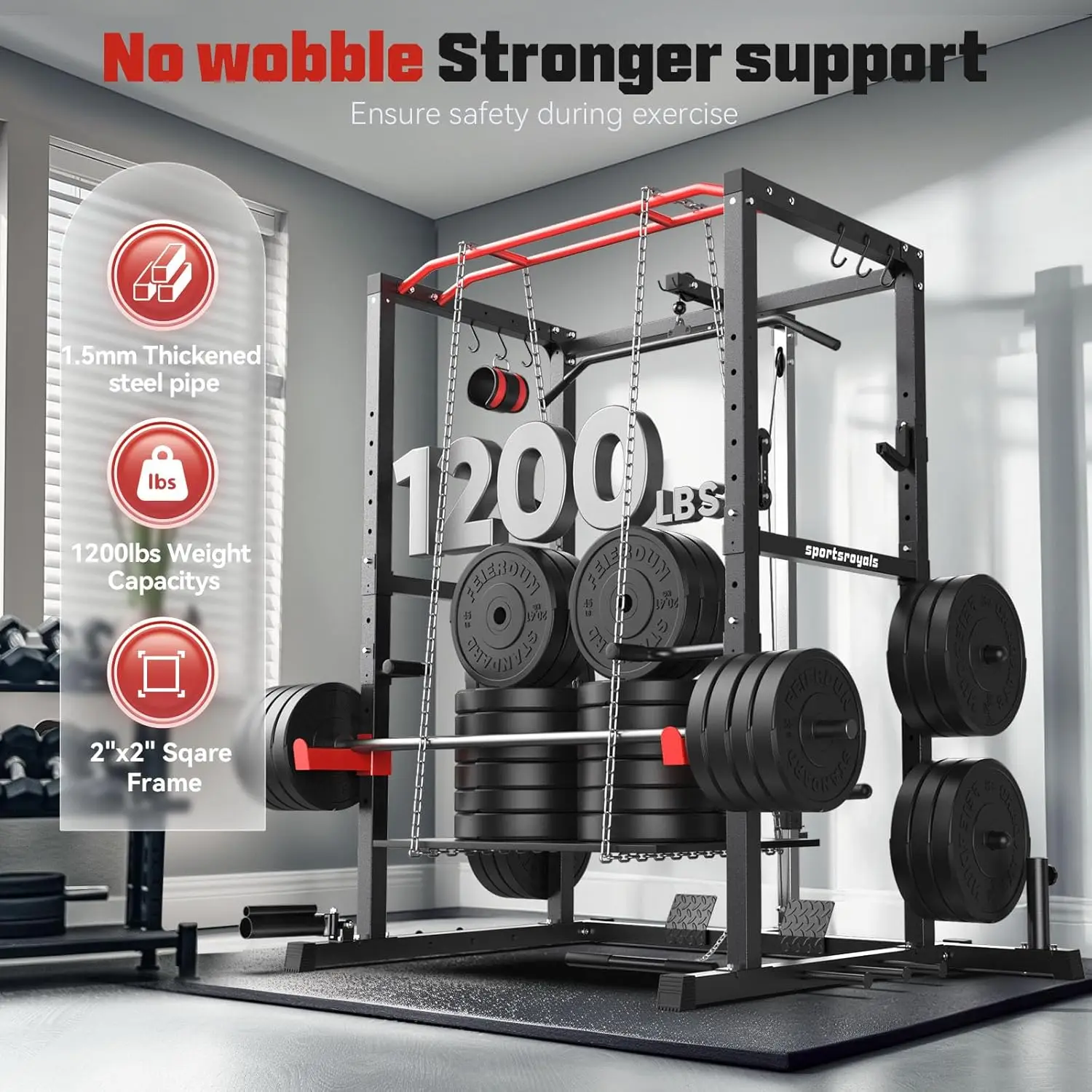 Power Rack, Multi-Functional Power Cage with LAT Pulldown Pulley System, Squat Rack with More Training Attachments