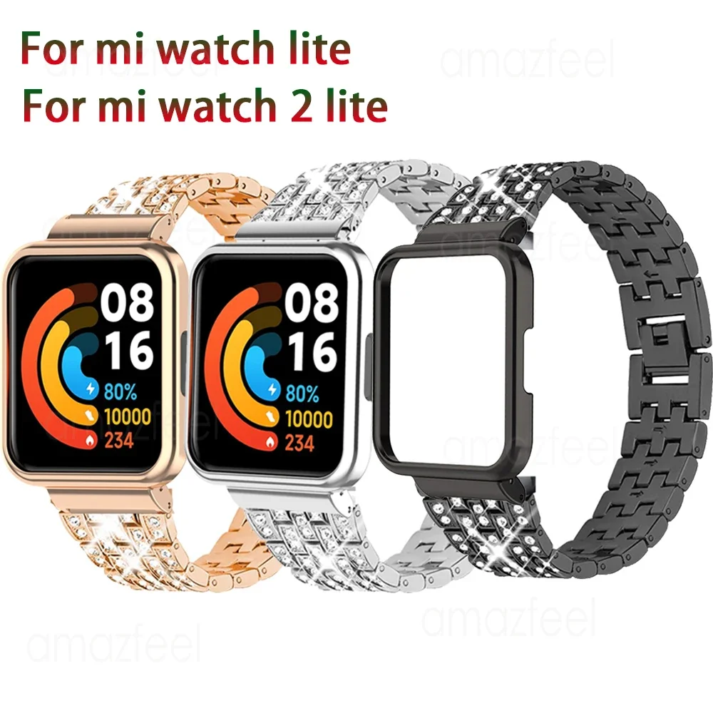 For Xiaomi Mi Watch 2 Lite Diamond Strap+Case Protector Metal Bracelet for Redmi Watch Lite 2 3 active stainless steel WristBand