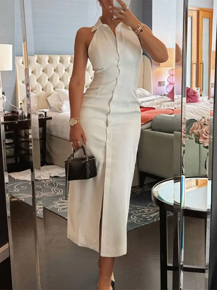 

Fashion Women Single-breasted Sleeveless Lapel Slim Maxi Dress Elegant Split Off Shoulder Dresses Summer Lady Casual Vestidos