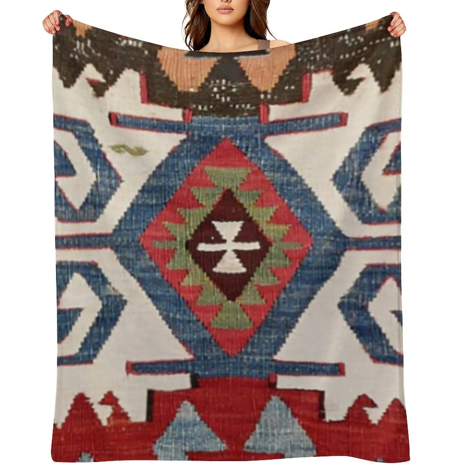 

Blue Diamond Arrow Konya // 19th Century Authentic Colorful Cowboy Saddle Accent Pattern Throw Blanket Camping Blankets