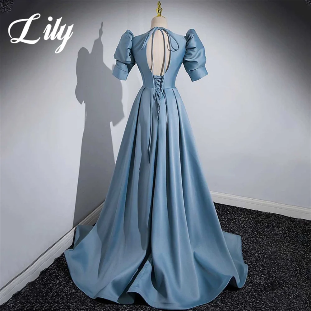 Lily Abito da sera con scollo a V A-Line Abiti da ballo eleganti sexy con pieghe Abito da sera con maniche regolari in raso blu Robe De Soirée