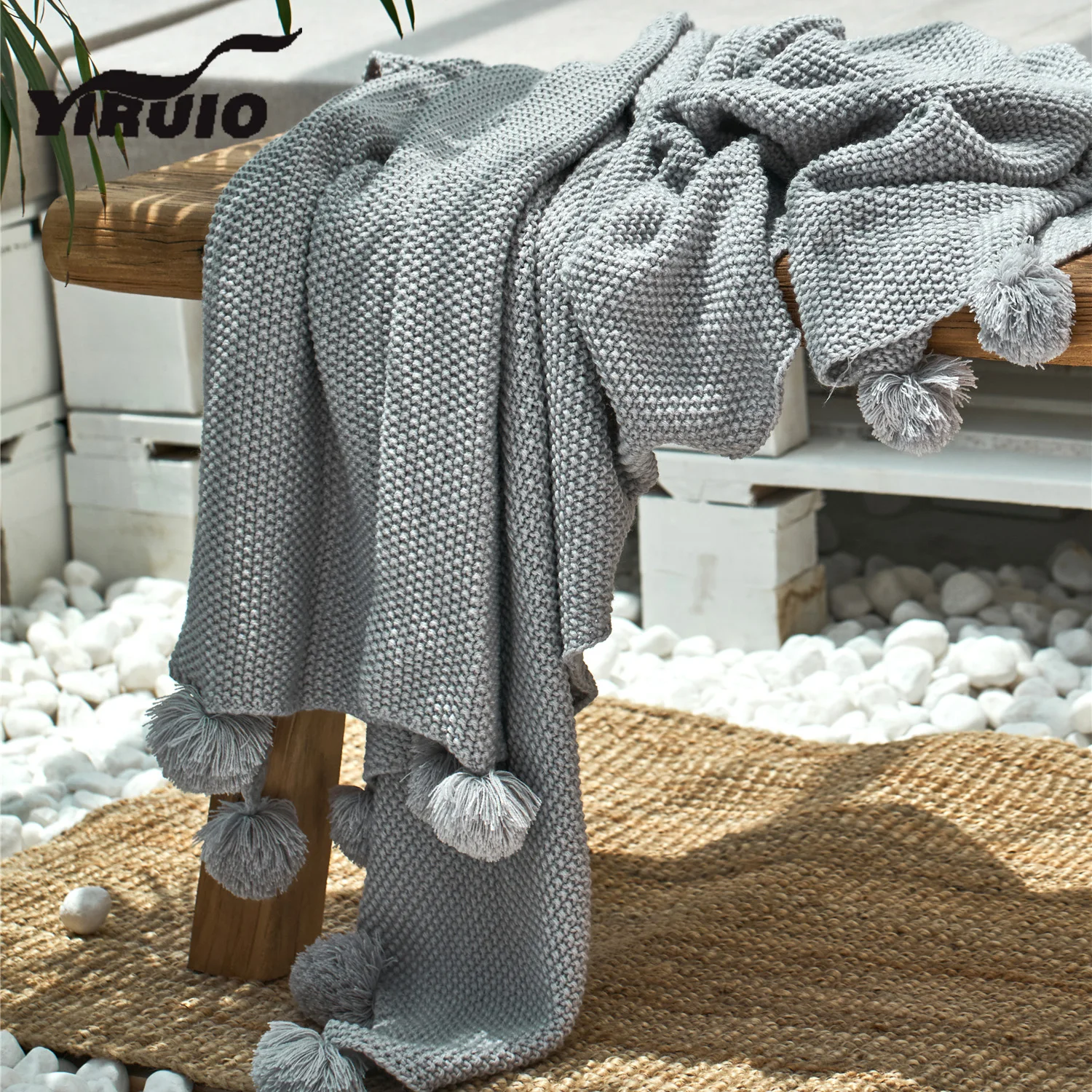 

YIRUIO Kawaii, помпоны, чистый цвет, дизайнерское одеяло, розовый, винный, серый, зеленый, диван-кровать, диван, стул, мягкие теплые акриловые вязаные одеяла