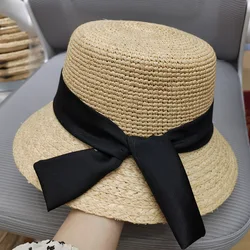 New Handwoven Raffia Black Ribbon Decorative Bucket Hat Ladies Summer Beach Hat Sun Hat Straw Hats For Women Fashion Luxury Hats