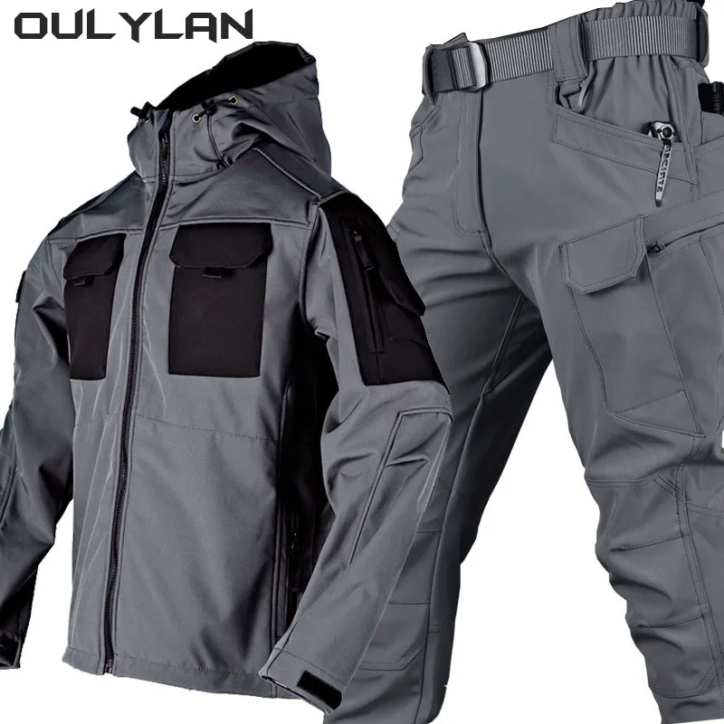 

Oulylan Windproof Men's Tactical Sets Shark Skin Suit Soft Shell Waterproof Jackets Warm Cargo Pants Uniform