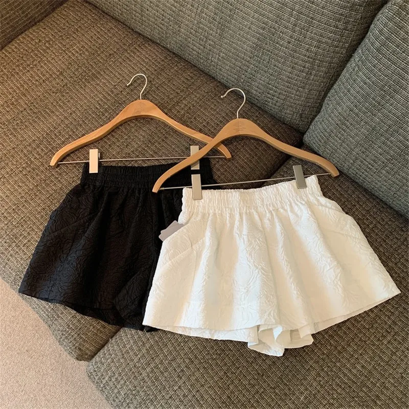 Elastische Hoge Taille Witte Jacquard Shorts Vrouwen Losse Zwarte Shorts Zomer Streetwear Zakken Wijde Pijpen Shorts Voor Vrouwen