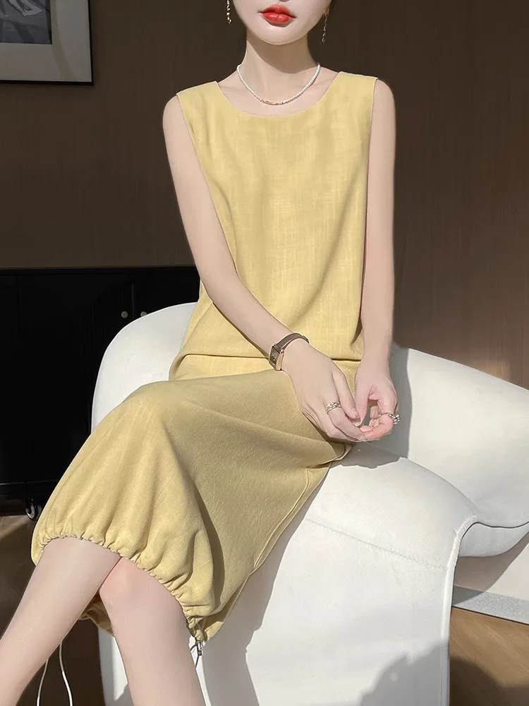 Spring 2026 Women's Linen Sleeveless Vest Dress round Neck Drawstring Casual Loose Lazy Style A-Line Midi Skirt Pure Color