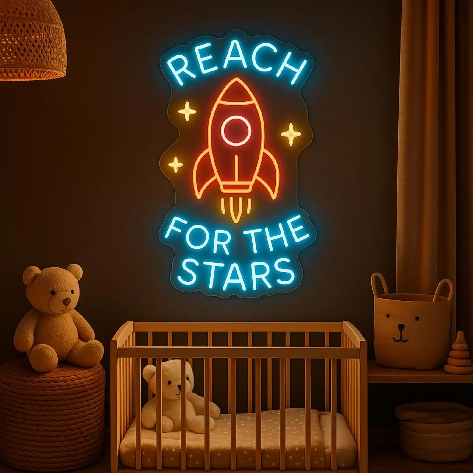Rocket Neon Sign ，Reach For The Stars ，Motivational Neon Light For Kids Room, Bedroom ，Space Neon Decor，Business Neon Sign