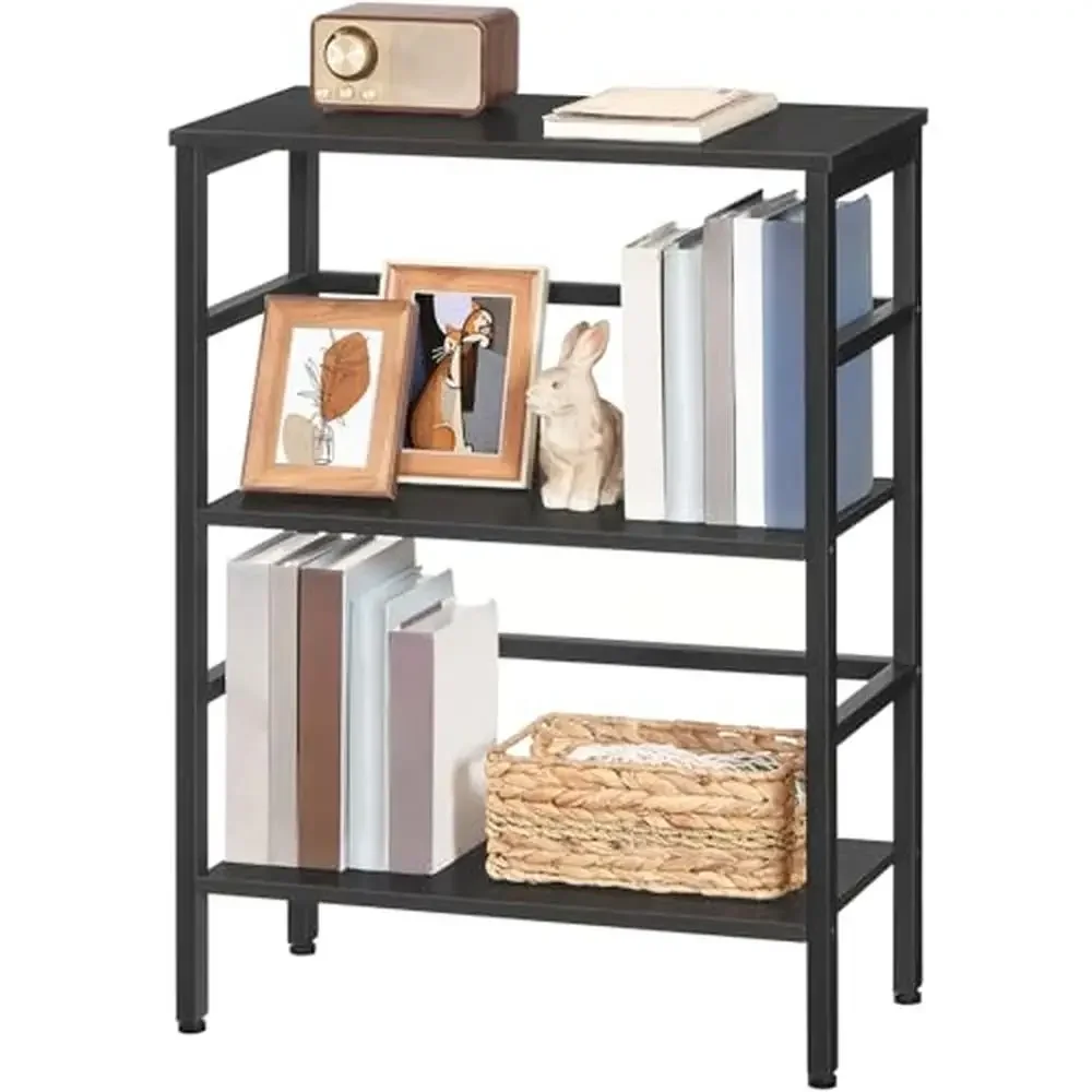 

3 Tier Industrial Bookshelf Record Storage Rack Metal Frame Wood Shelf Open Display Home Office Plant Towel End Table Telephone