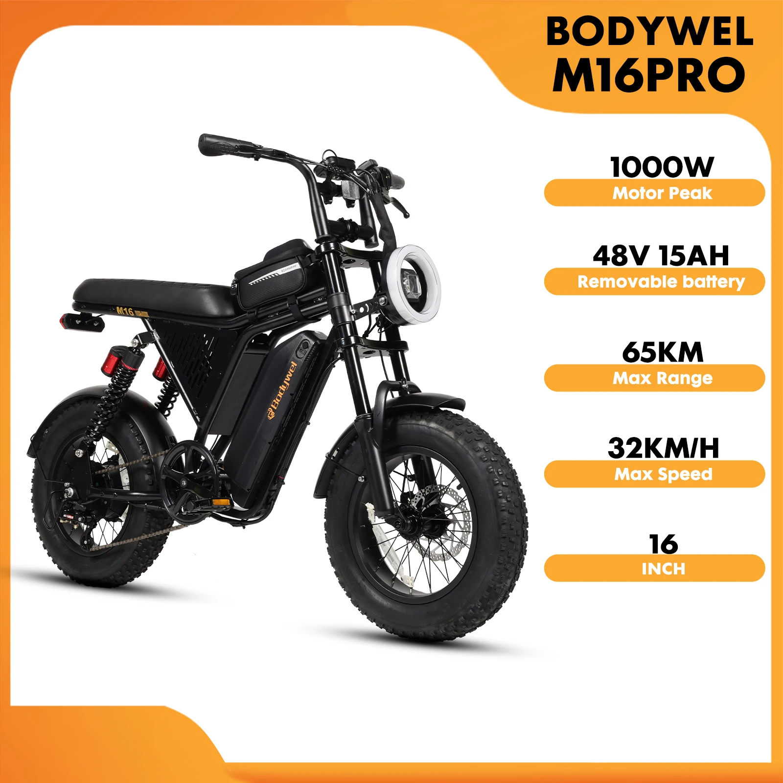 16x4.0 Electric Bike for Adults 1000W Motor Peak, 48V 15.6Ah Removable Battery, 29MPH Fat Tire Off Road Ebike, Up to 65KM Range Bodywel M16PRO