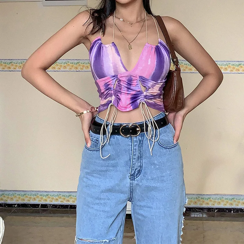 Camisetas gráficas de corte bajo Sexy para mujer, Tops cortos con borlas, camisola informal a la moda, ropa de calle para Club, camiseta sin mangas, chaleco dulce para mujer