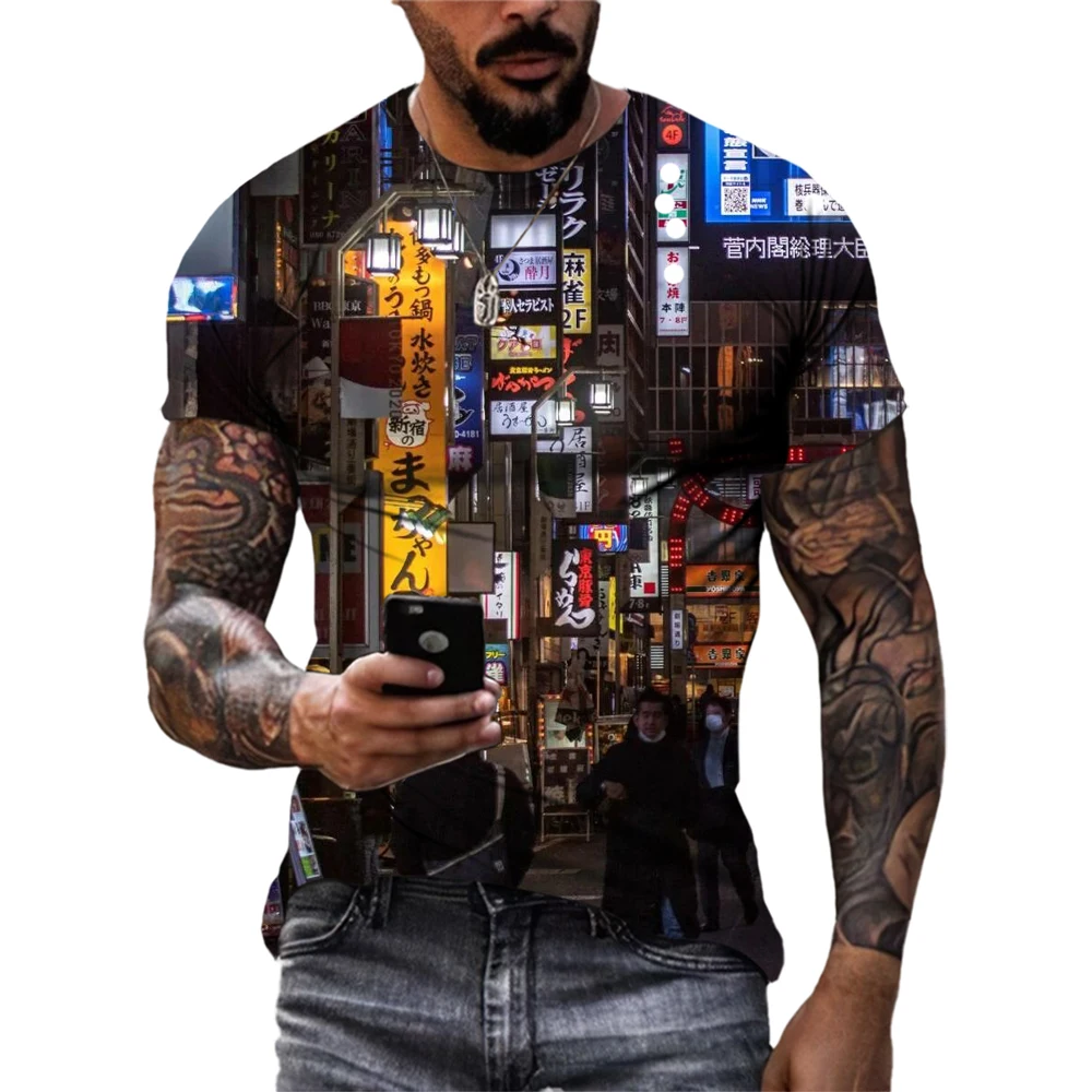 Summer Fashion Urban Street View graphic t shirts Men Trend Casual Personality 3D Printed Comfortable O-neck Short Sleeve Tees