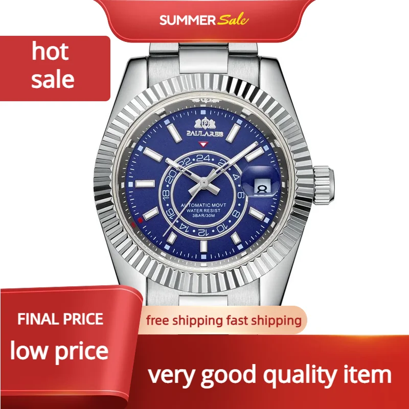 Automatic Self Wind Mechanical Stainless Steel Strap Rose Gold Silver Blue Date Luxury Sky 40mm Men Watch