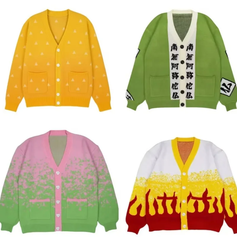 Demon Slayer Tanjirou-suéter de punto Unisex con cuello en V, disfraz de Cosplay, cárdigan cálido, chaqueta de Anime de Halloween para todas las edades