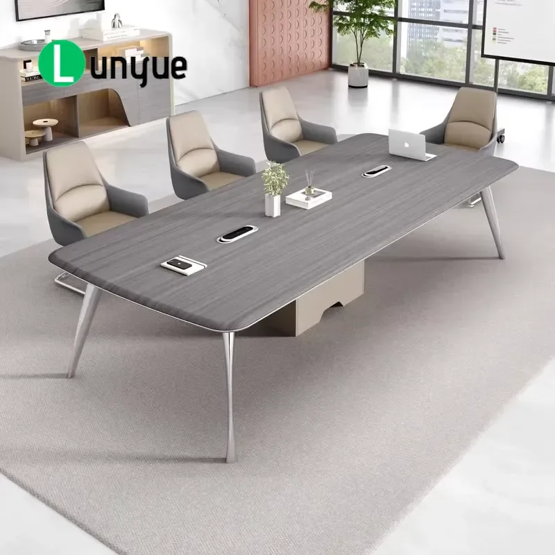 Modern Wood Grain Executive Desk Set with Integrated Power Port Stylish Conference Table for Office Meeting Room Furniture
