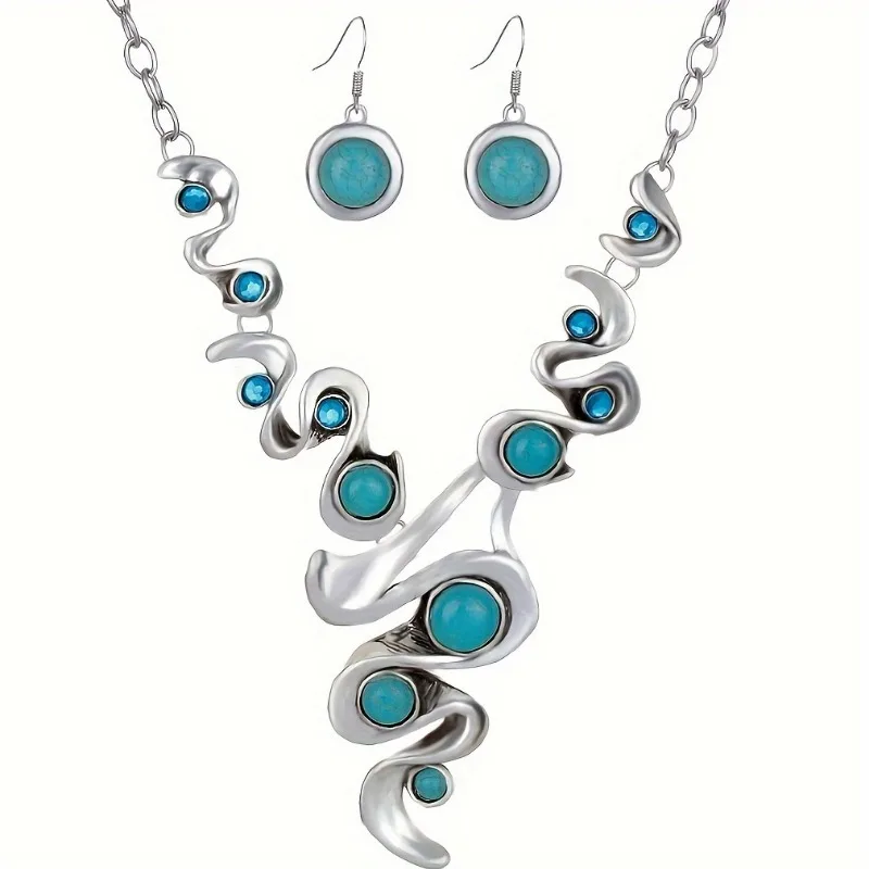 Elegant and Luxurious Three-piece Set with Aquamarine Zirconia Synthetic Turquoise Necklace Earrings Boho Jewelry Set for Women