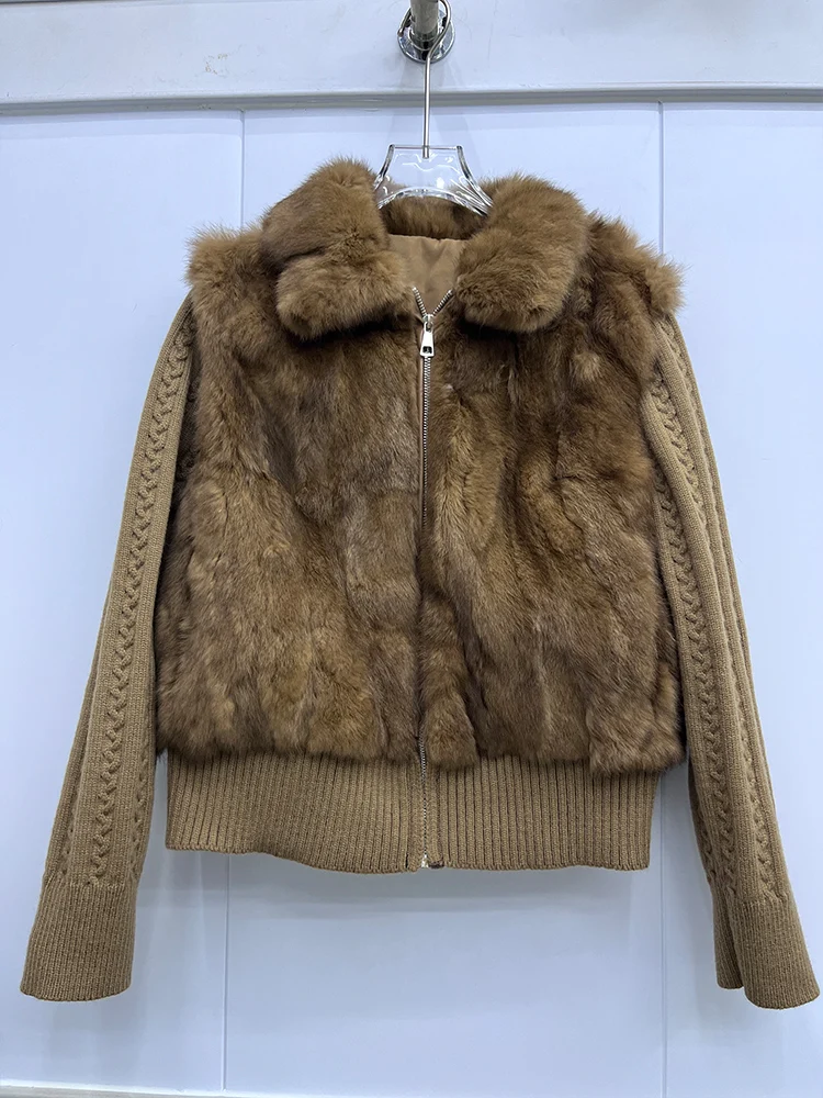 Women Winter Natural Fur Coat Real Rabbit Leather Jacket Women Short Clothing Knitted Sleeves Female Outerwear