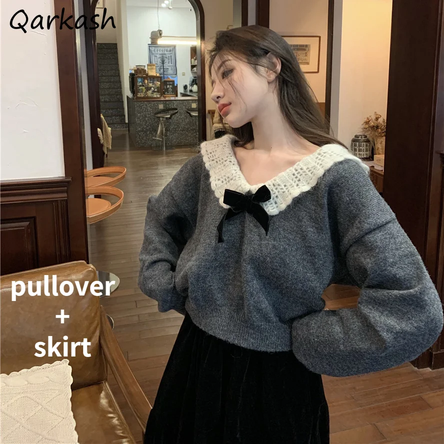 

Женские комплекты в корейском стиле для отдыха, серые пуловеры с бантом, свитера BF и юбки миди с эластичной резинкой на талии, комплект из двух предметов, темперамент