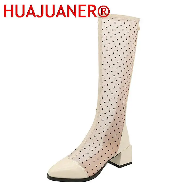 2023 New Summer Women Knee High Boots Patent Leather Mesh Zipper Low Heel Long Boots Fashion Pointed Toe Autumn Lady Shoes