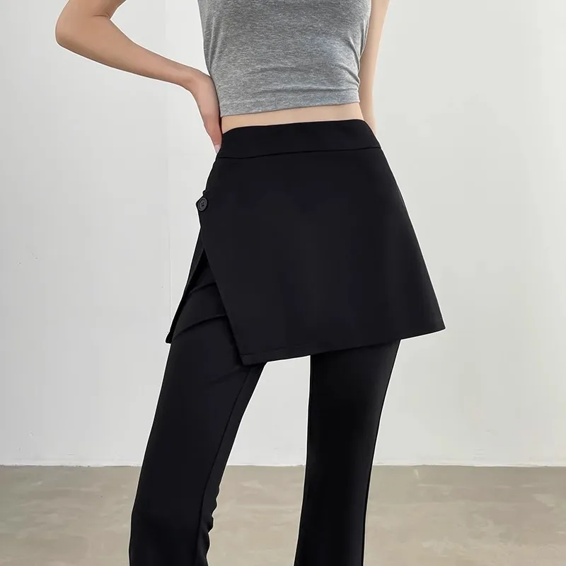 Black Casual Pants Skirt Two-Piece Set Women's Summer New Style Mid-Rise Flared Pants Elastic Waist Ultra Long Polyester Cott...