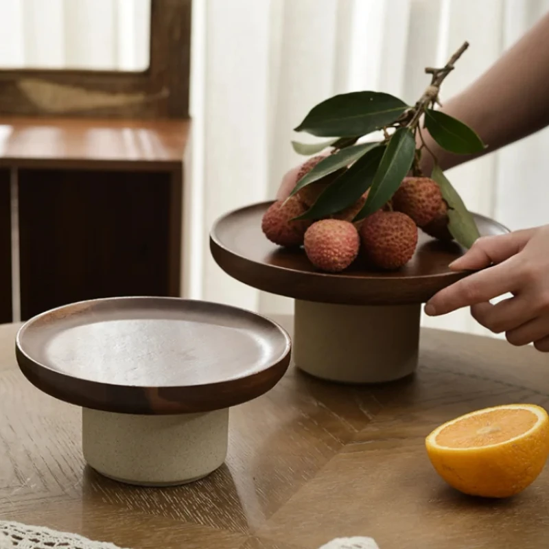 Pottery Tableware Set - Fruit Plate, Wood Refreshment Tray, Snack Tray, Cake Pan, Dessert Plate, Display Stand, & Dim Sum Plates