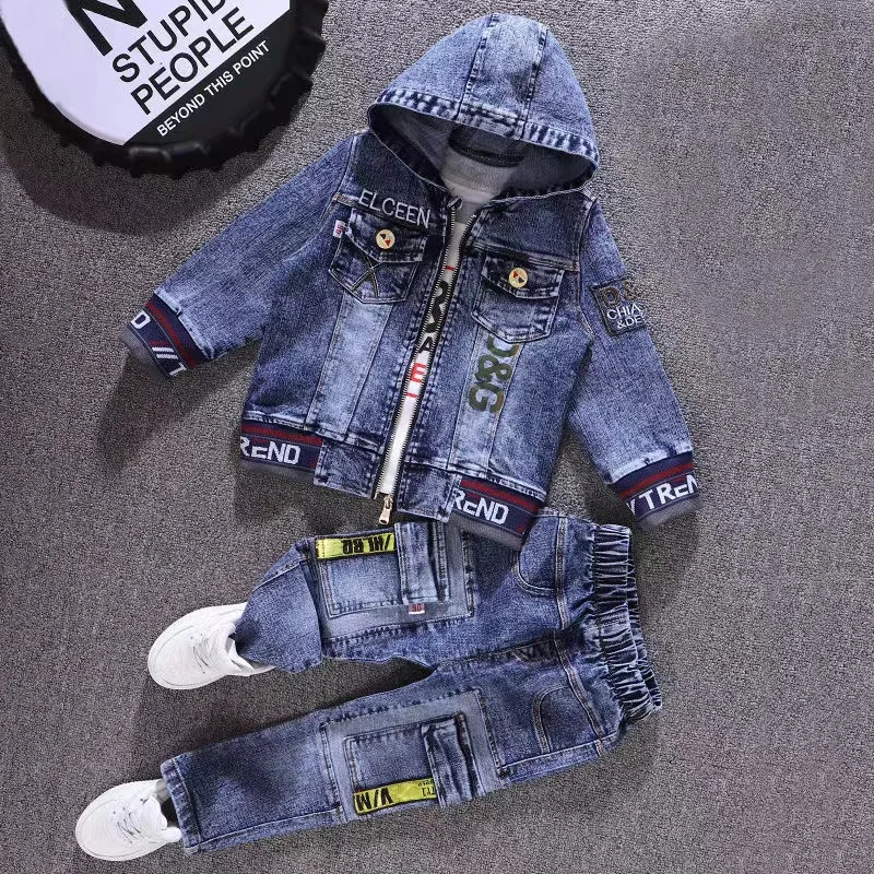 2024 Girl Spring Autumn Children Boy 2PCS Clothing Set Cotton Hoodied Denim Coat +Solid Jeans Pants Baby Boys Outfits