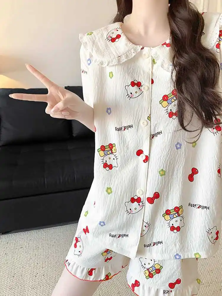 

Sanrio Bow Shorts Lace Japanese Hello Kittys Pajamas Short Sleeve Summer Fresh Set Sweet Cute Stay At Home Kawaii Light Girl New