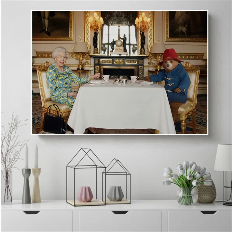 Queen Elizabeth Drinking Tea in a Restaurant Canvas Paintings Poster and Prints British Royal Wall Art Living Room Home Decor