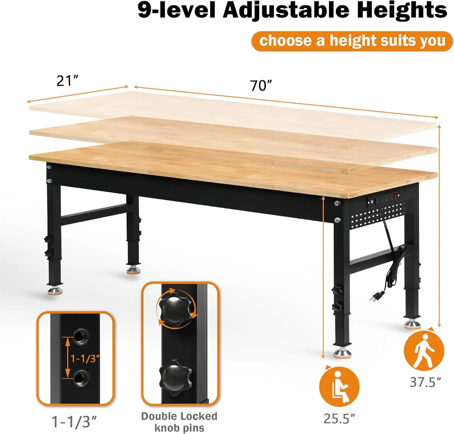 Table de travail réglable avec prises de courant et panneau perforé, table de travail en caoutchouc et bois, 2000 lb, 70 po, recommandé