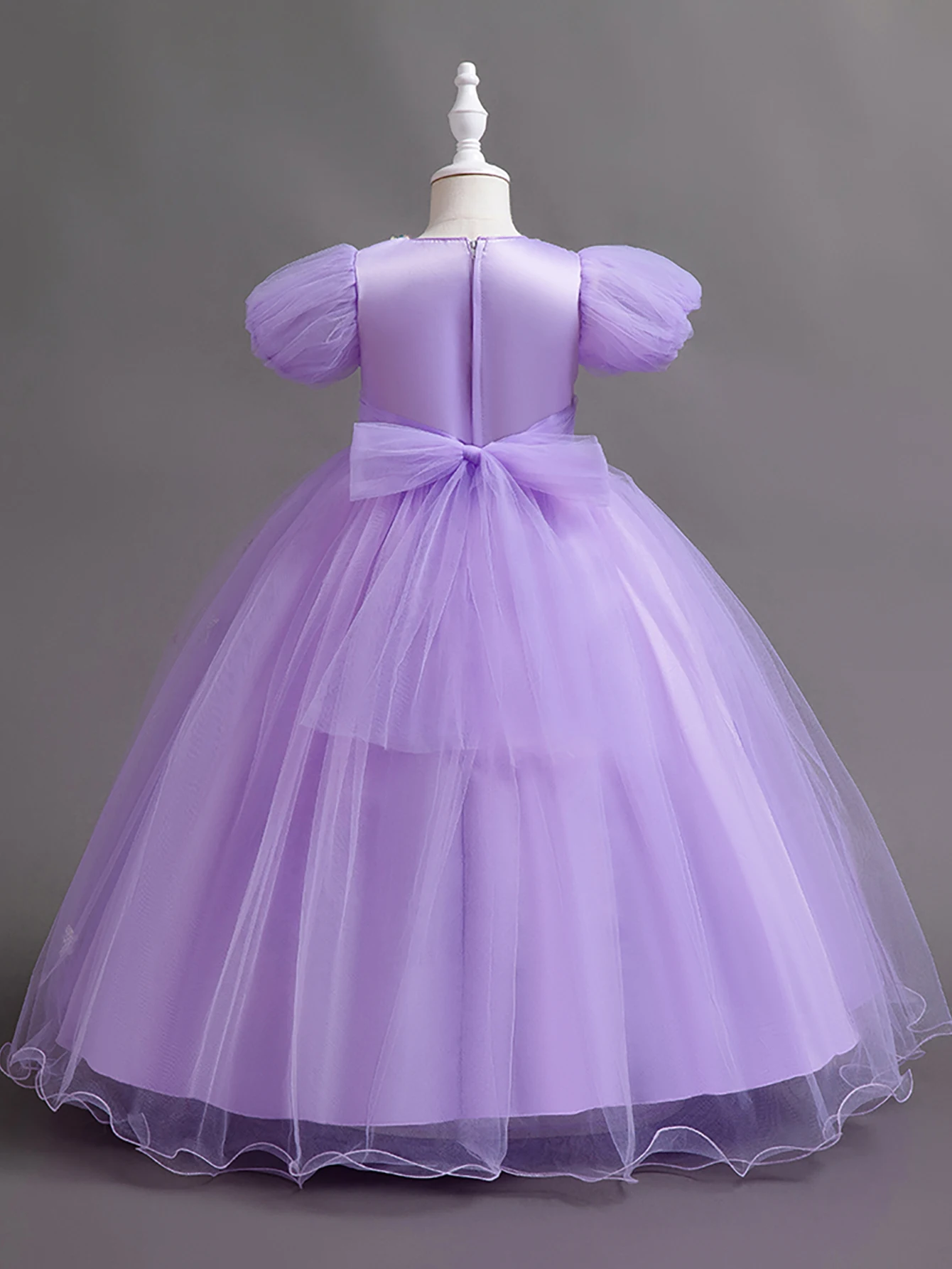 보라색 푹신한 어린이 버블 소매 롱 드레스 파티용 소녀 스팽글 공주 드레스 꽃 소녀 드레스