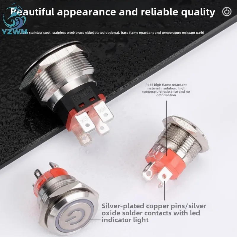 16/19/22/25MM 15A-20A Led   Metal  Button Switch Light Waterproof Button Automatic Reset Self Locking Power Symbol Button with