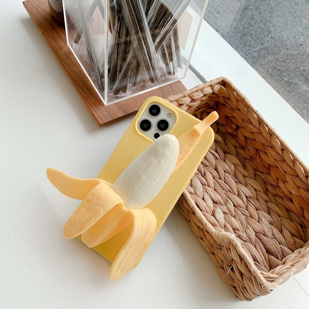 Funny 3D Stress Reliever Peeled Plush banana Phone Case For iPhone 14 11 12 13 Pro X XS Max XR 7 8 6 Plus 5 SE Silicone Cover