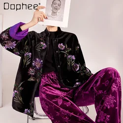 Spring New Chinese Embroidered Sequined Jacket Retro Colored Flower Thicken Coat Heavy Industry Ostrich Fur Patchwork Jackets