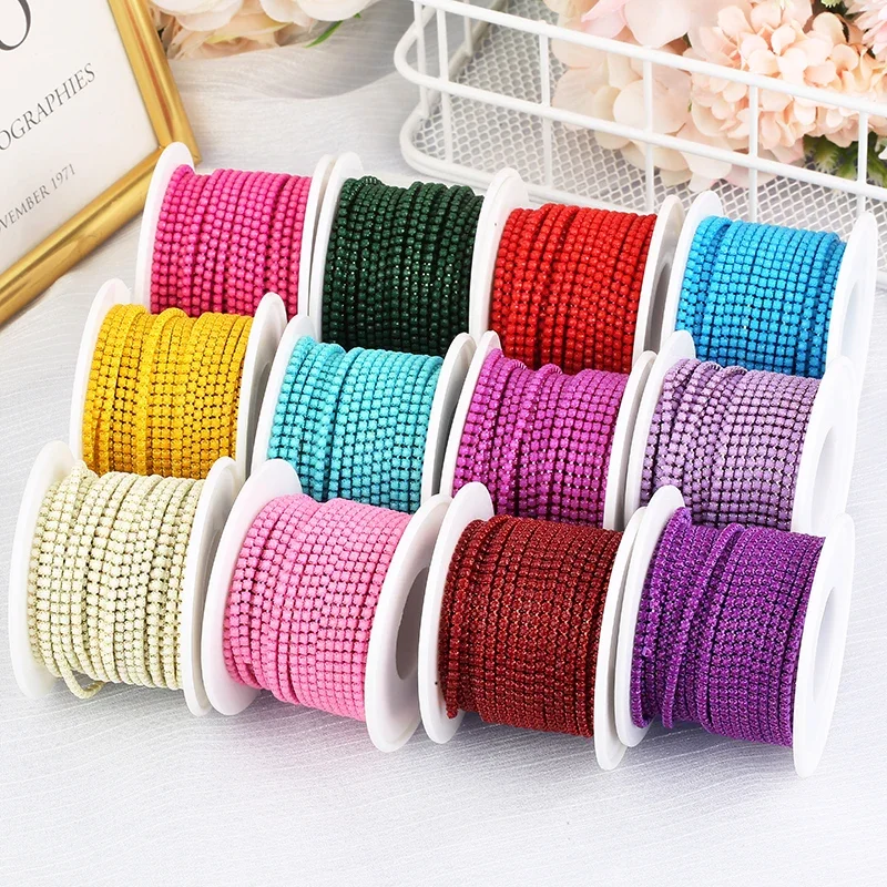 RESEN New Arrival 2mm Rhinestone Cup Chain with Colorful Bottom Sew On Stone Chain Trim Glue On Acrylic Rhinestone Banding Trim