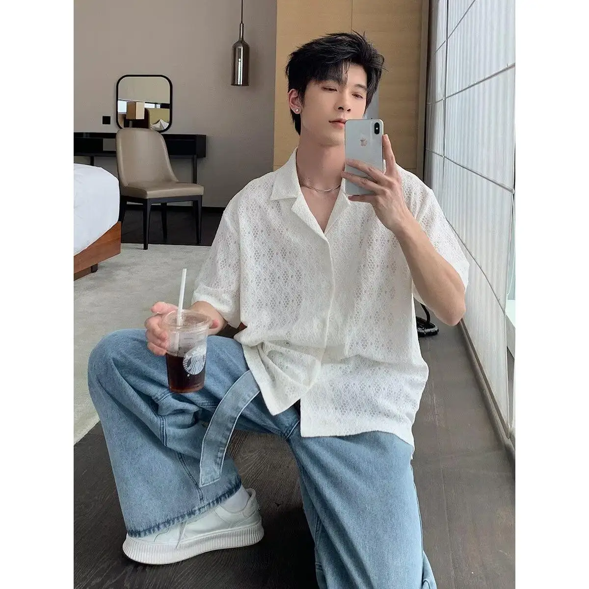 

Men's Summer Hollow out Casual irt Long Sve Thin Design Luxury Top Bright Sequin Embroidery Stand Fit Polyester Fiber